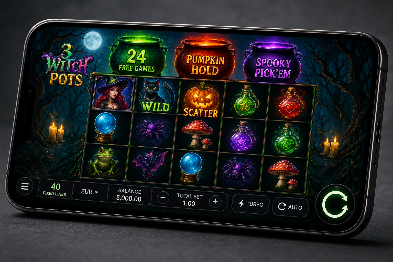 3 Witch Pots screenshot - Pumpkin Hold & Win bonus round with locked pumpkins and an Ultra Jackpot win of x42